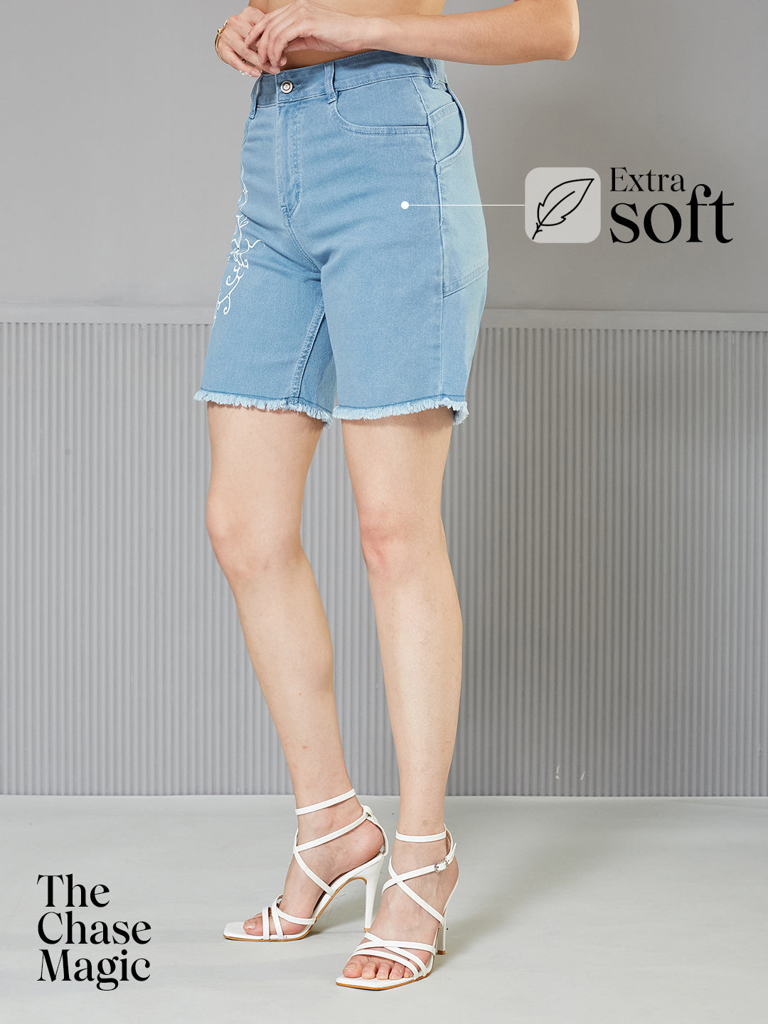 Hand-Painted Denims: Cosmic Whirl Light-Blue High-Rise Denim Shorts