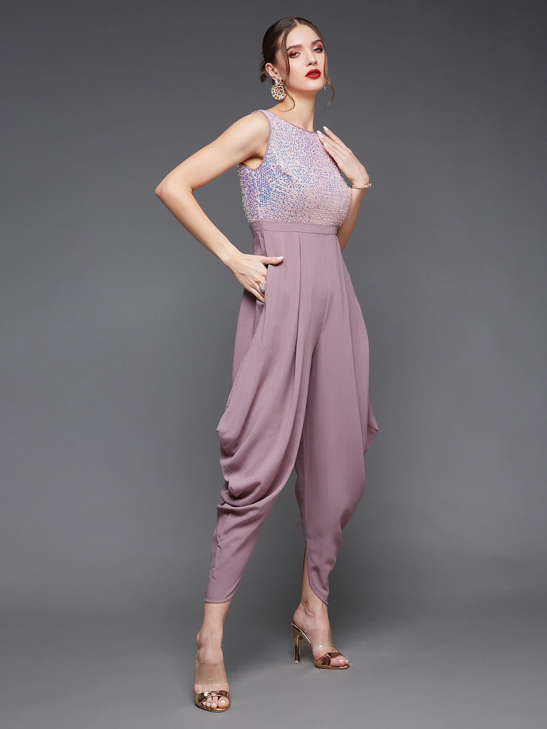 Women's Dusty Lavender Round Neck Sleeveless Sequined Party Jumpsuit