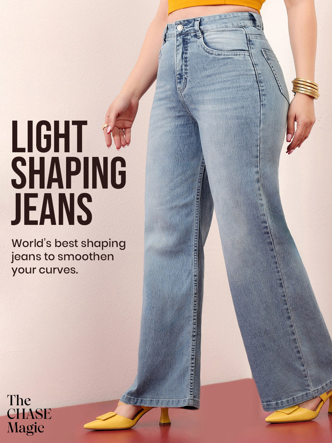 CHASEshape™ Light Blue Wide-Leg High-Rise Stretchable Denim Jeans for Women