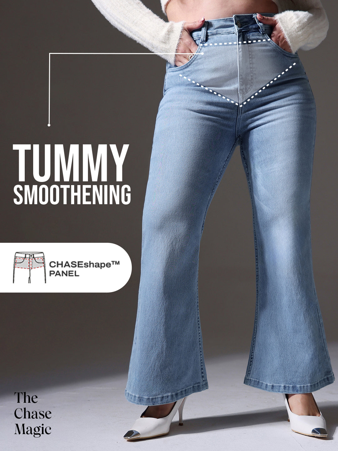 Tummy Smoothening Light-Shaping Bootcut High-Rise Light-Blue Denim Jeans