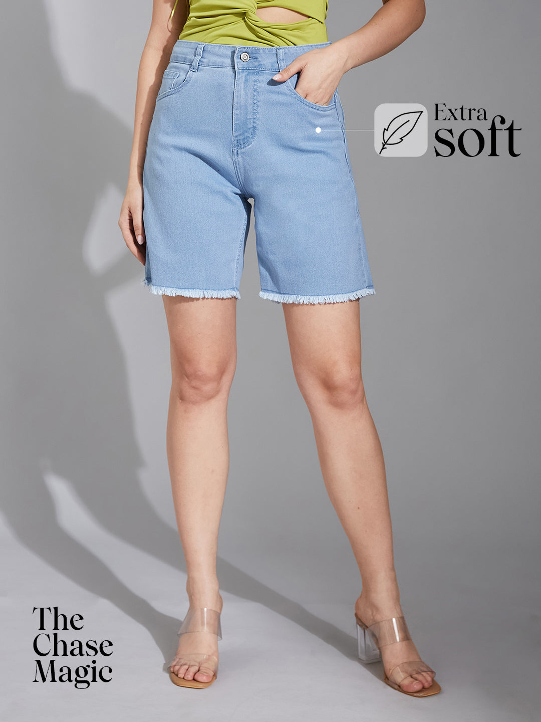 Light-Blue Regular High-Rise Clean-Look Above-Knee Stretchable Denim Shorts for Women
