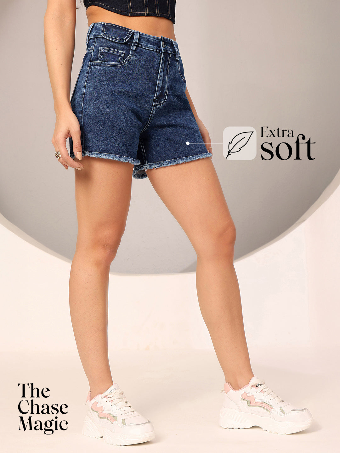 Navy-Blue Relaxed Fit High-Rise Clean-Look Regular-Length Stretchable Denim Faded Shorts for Women