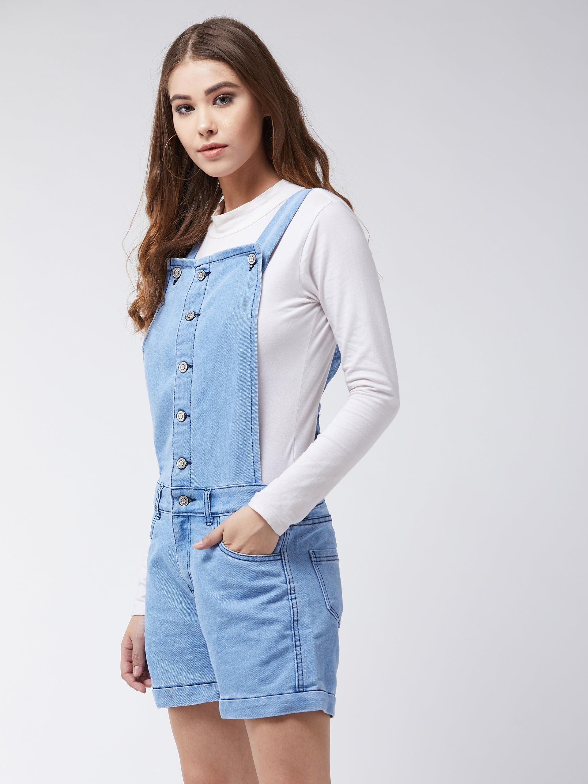 Women's Light Blue Regular Fit Mid Rise Mini Solid Denim Dungaree