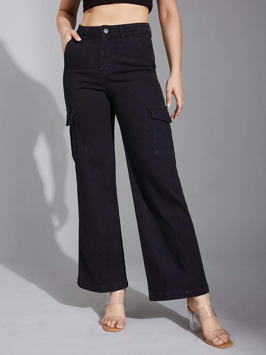 Women's Black Wide-Leg High-Rise Clean-Look Stretchable Denim Jeans