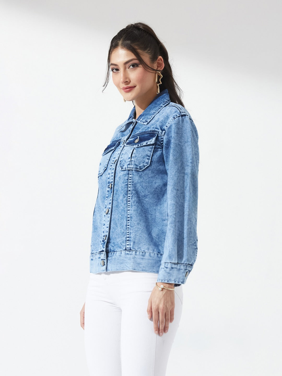 Light Blue Collared Full Sleeve Solid Embellished Regular Length Denim Jacket for Women