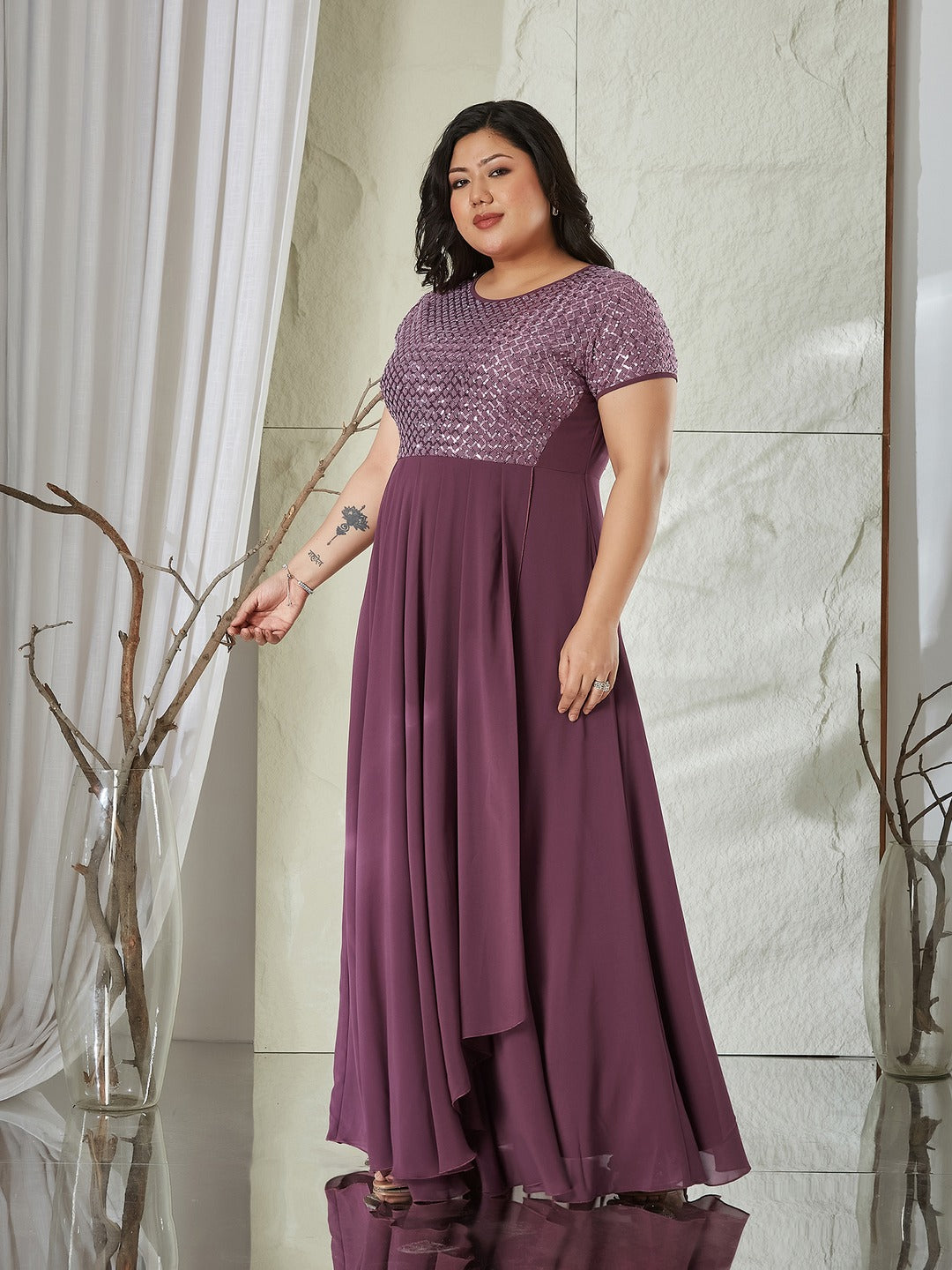 Mauve Round Neck Cap Sleeve Embellished Fit & Flare Maxi Crepe Dress for Women