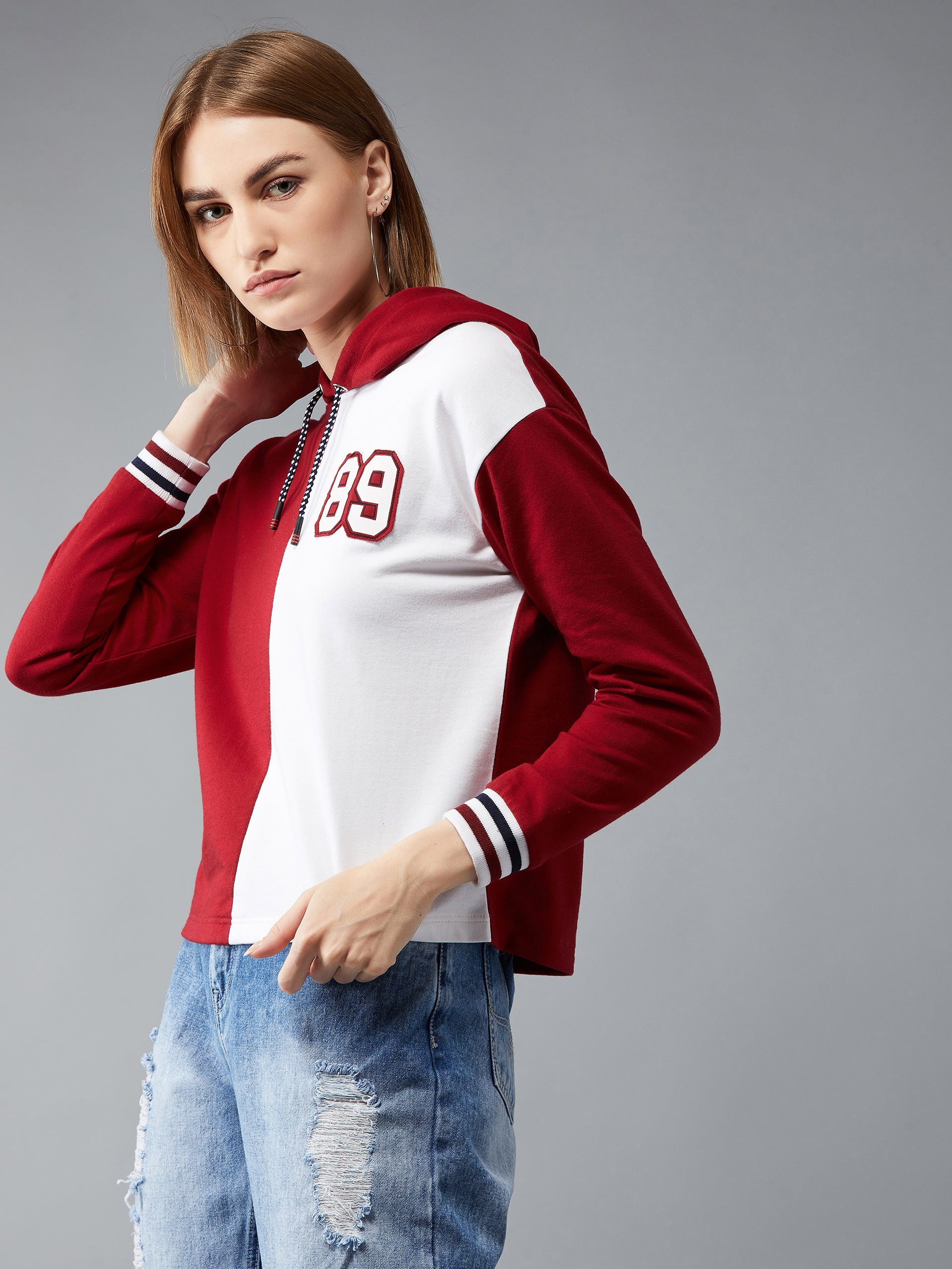 Women's Maroon & White Hooded Full Sleeves Loopknit, Rib Solid Color-Block Drop Shoulder Regular Length Sweatshirt