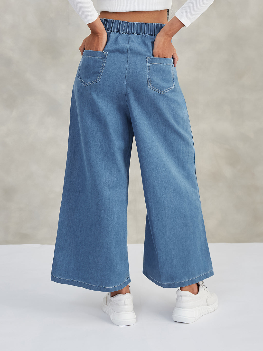 Women's Blue Flared Wide-Leg High-Rise Non-Stretchable Denim Pants