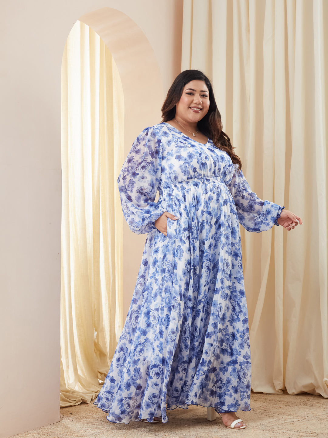 Multicolored Base White V-Neck Full Sleeve Floral Gathered Chiffon Maxi Dress for Women
