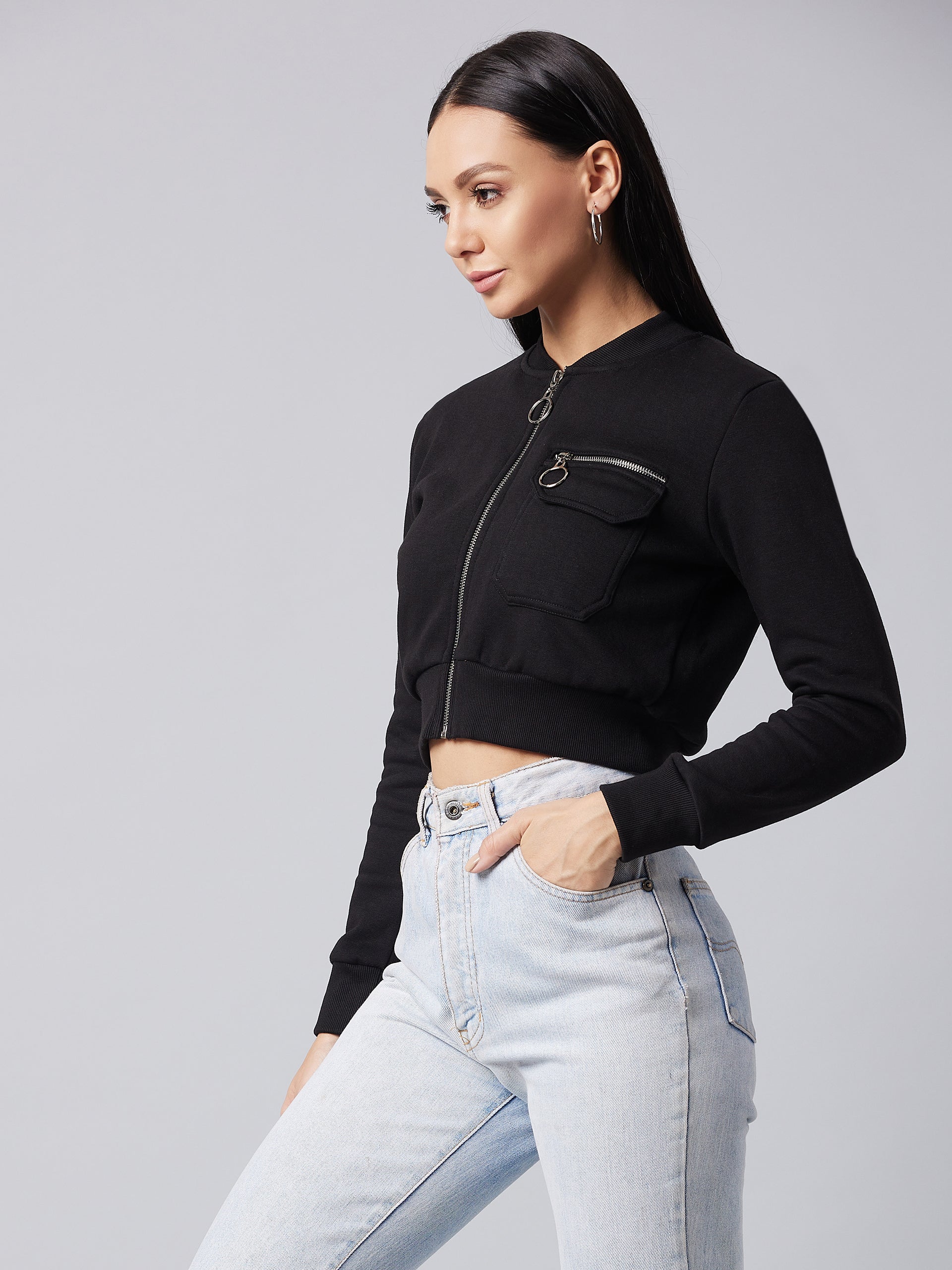 Women's Black Stand Collar Full Sleeve Solid Boxy/Bomber Crop Jacket