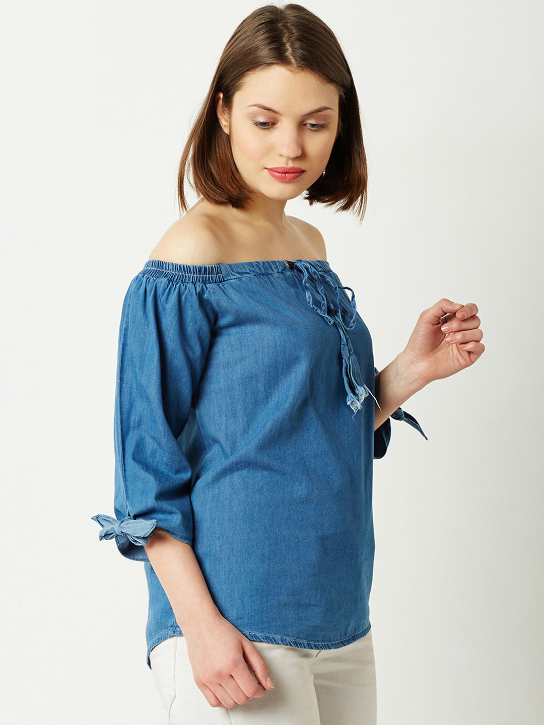 Women's Blue Off-shoulder 3/4 Sleeve Cotton Solid Denim Bardot Top