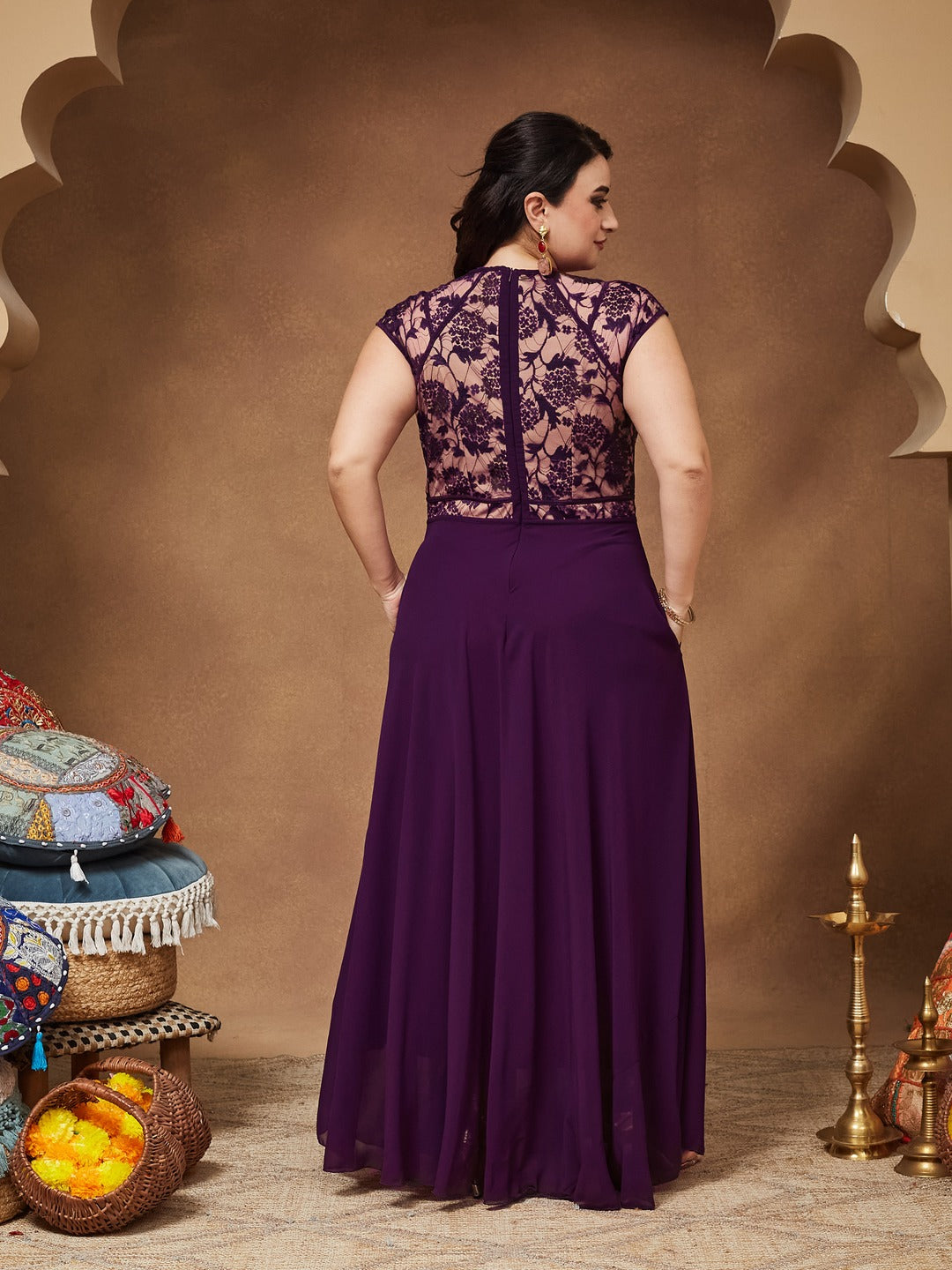 Dark Purple Sweet-Heart Neck Cap-Sleeve Floral Fit & Flare Georgette Maxi Dress for Women