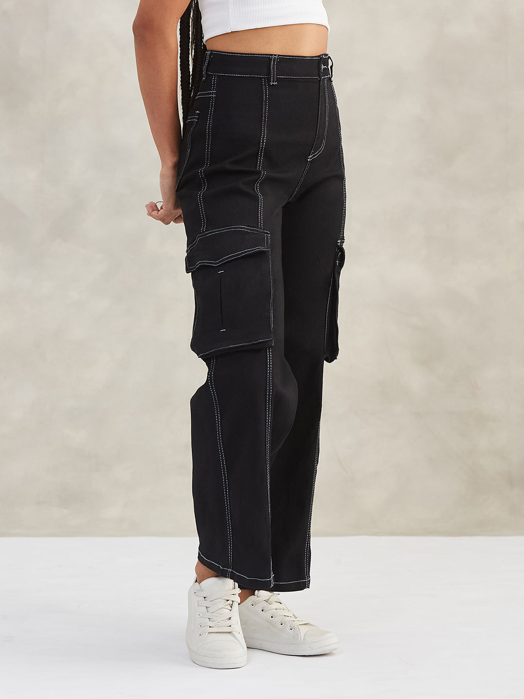 Women's Black Wide-Leg High-Rise Clean-Look Regular-Length Stretchable Patch-Pocketed Denim Jeans