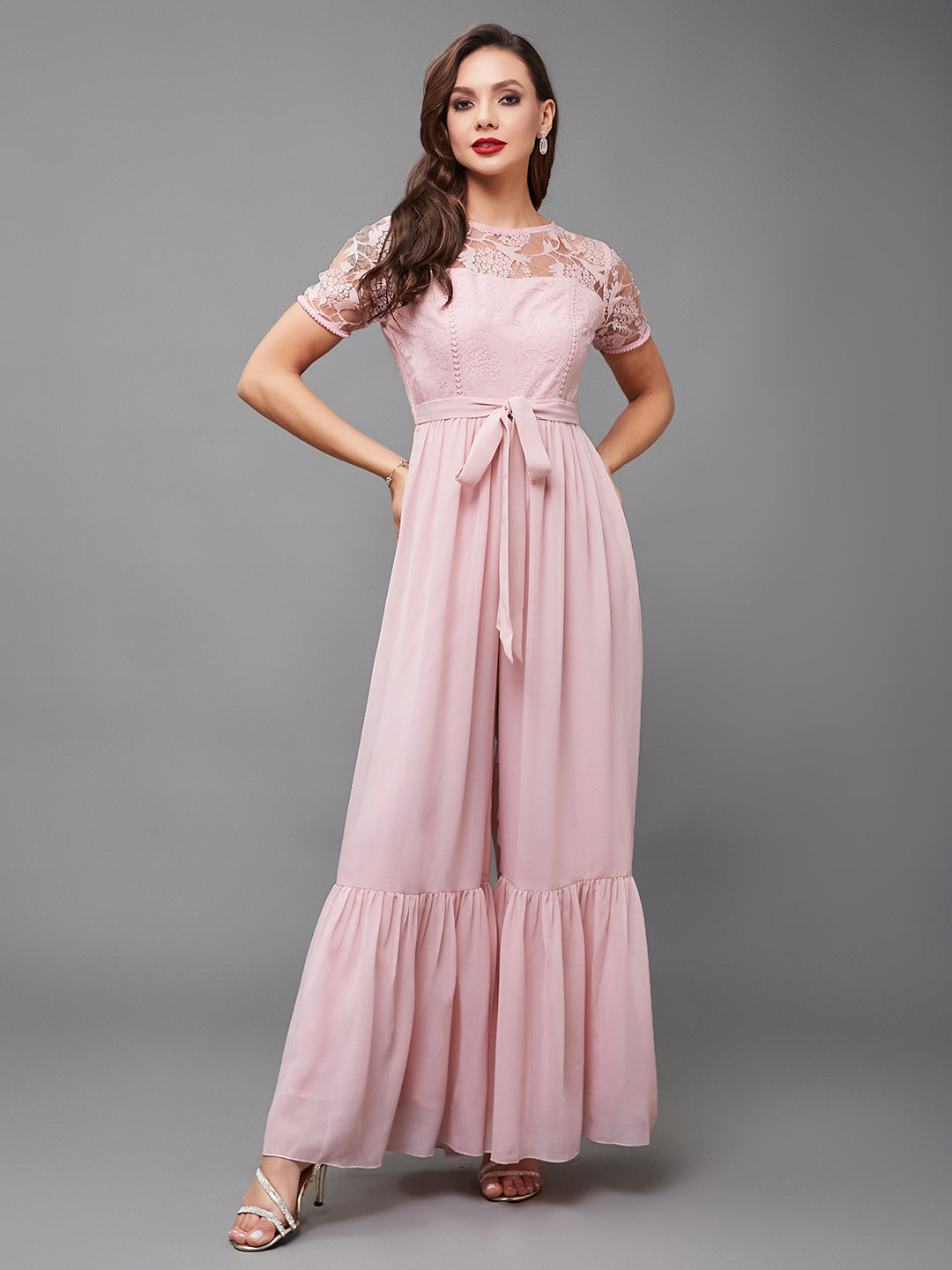 Women's Dusty Pink Round Neck Short Sleeve Solid Lace Overlaid Regular Jumpsuit
