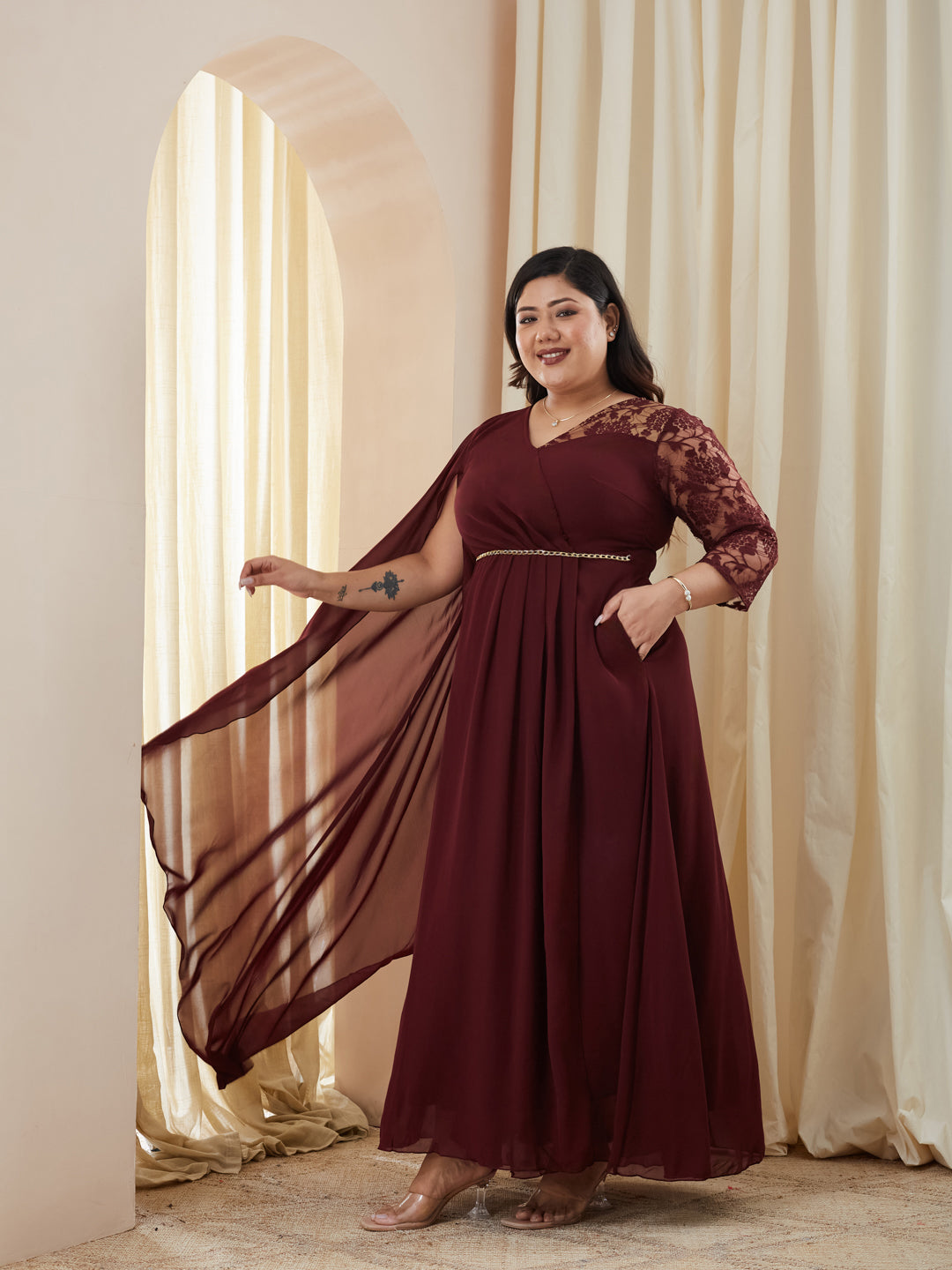 Wine V-Neck Three-Quarter Sleeve Self-Designed Asymmetric Georgette Maxi Dress for Women