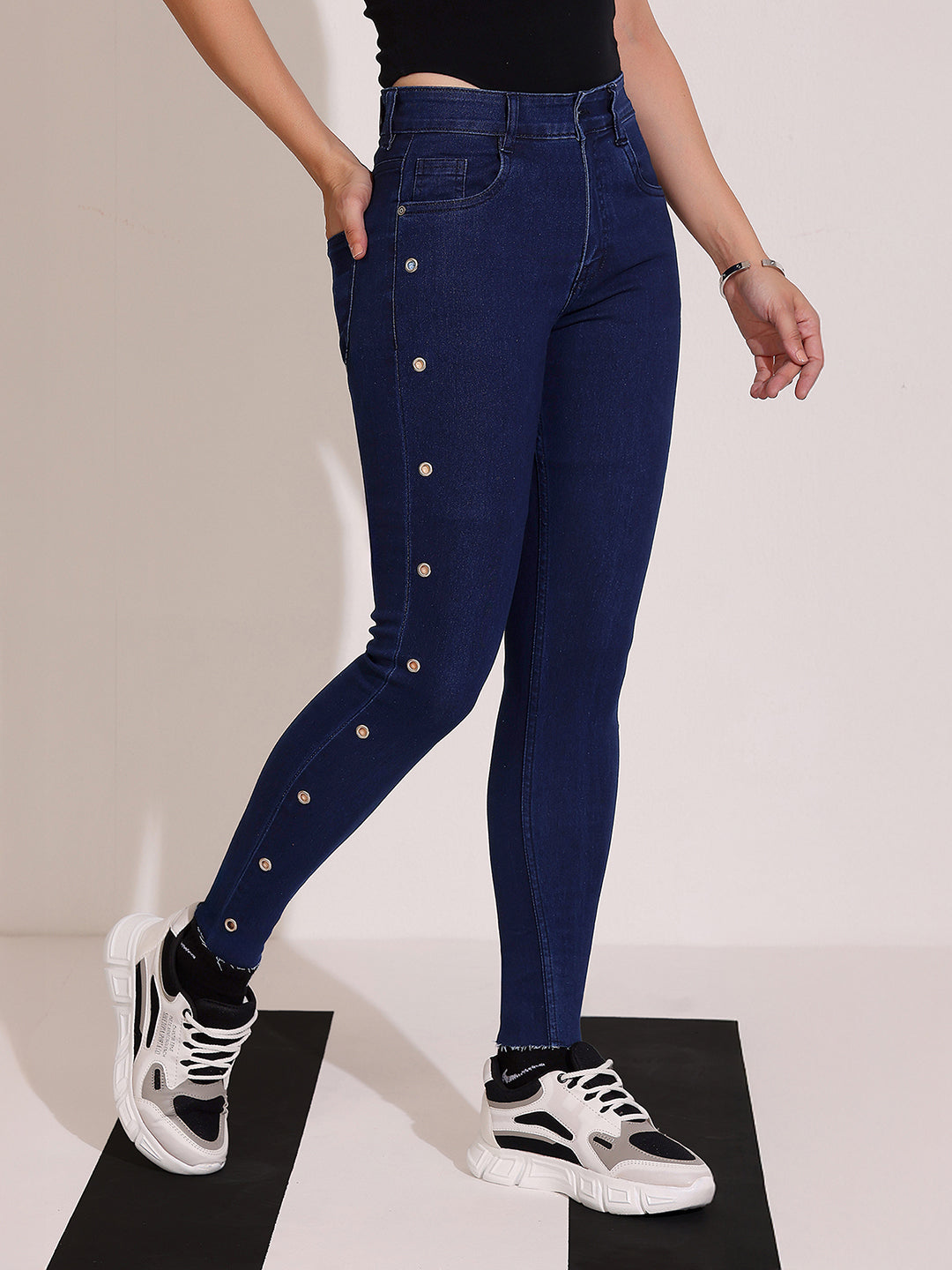 Women's Navy Blue Skinny Fit Mid Rise Cropped Length Eyelet Detailing Denim Stretchable Jeans