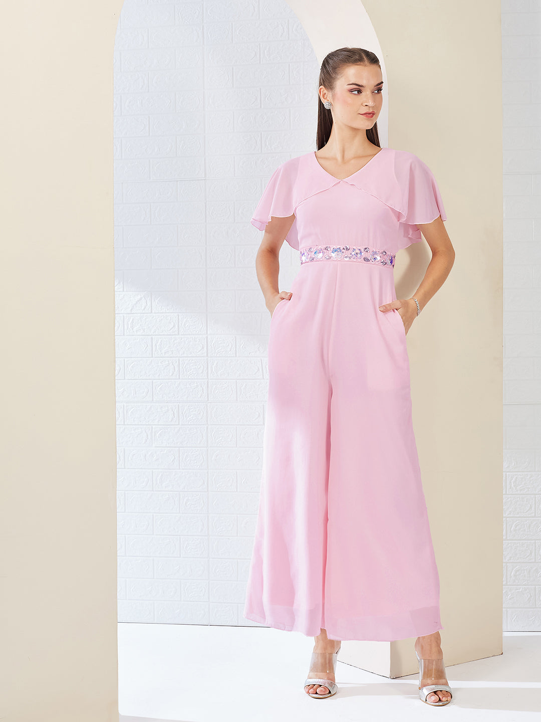 Light Pink Georgette V-Neck Cape Solid Layered Regular Jumpsuit for Women