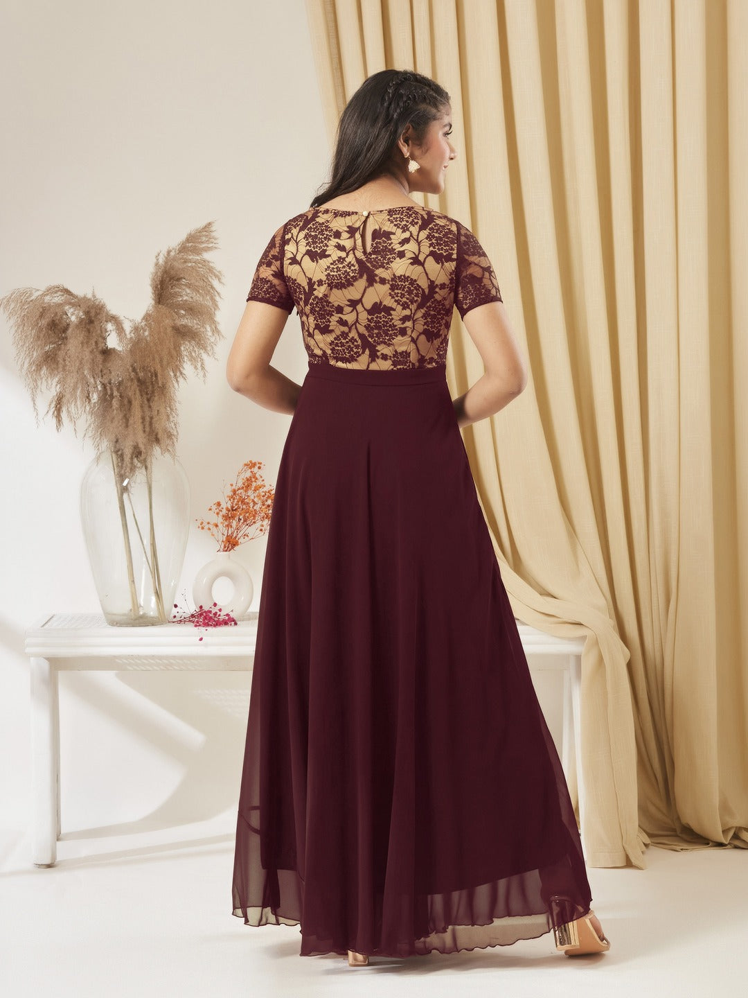 Wine & Beige Relaxed Fit Regular Georgette Dress for Girls/Teenagers