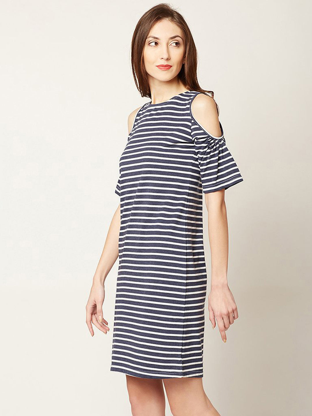 Women's Navy Blue and White Round Neck Half Sleeve Striped Mini Cold Shoulder Dress