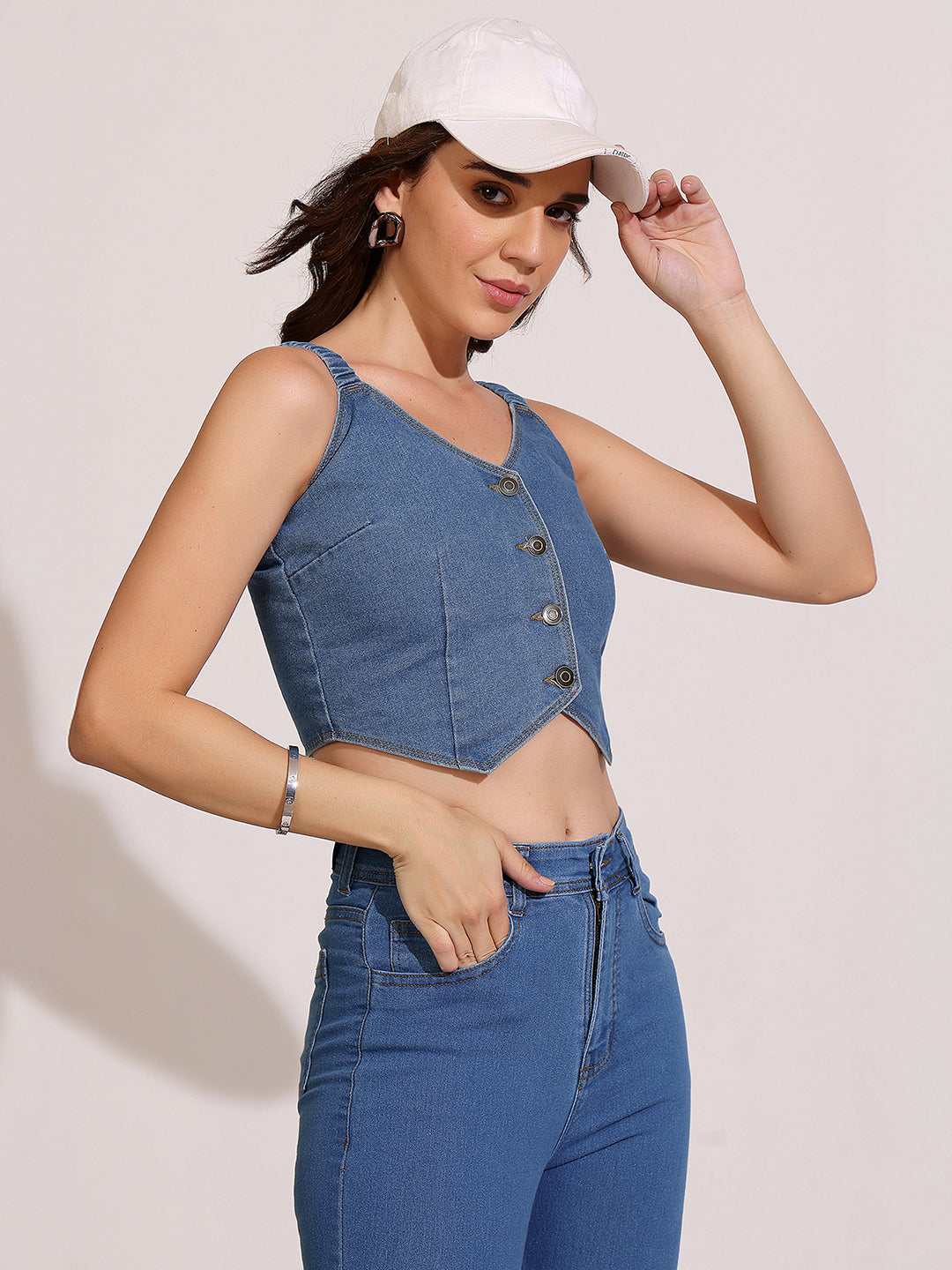 Women's Mid-Blue V-Neck Elasticated Straps Solid Waistcoat-Styled Cropped Denim Top