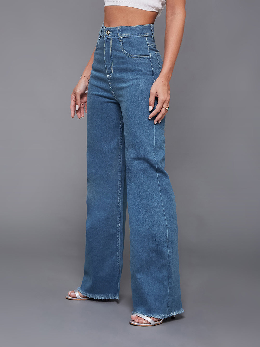 Women's Blue Wide-Leg High-Rise Clean-Look Regular-Length Stretchable Denim Jeans