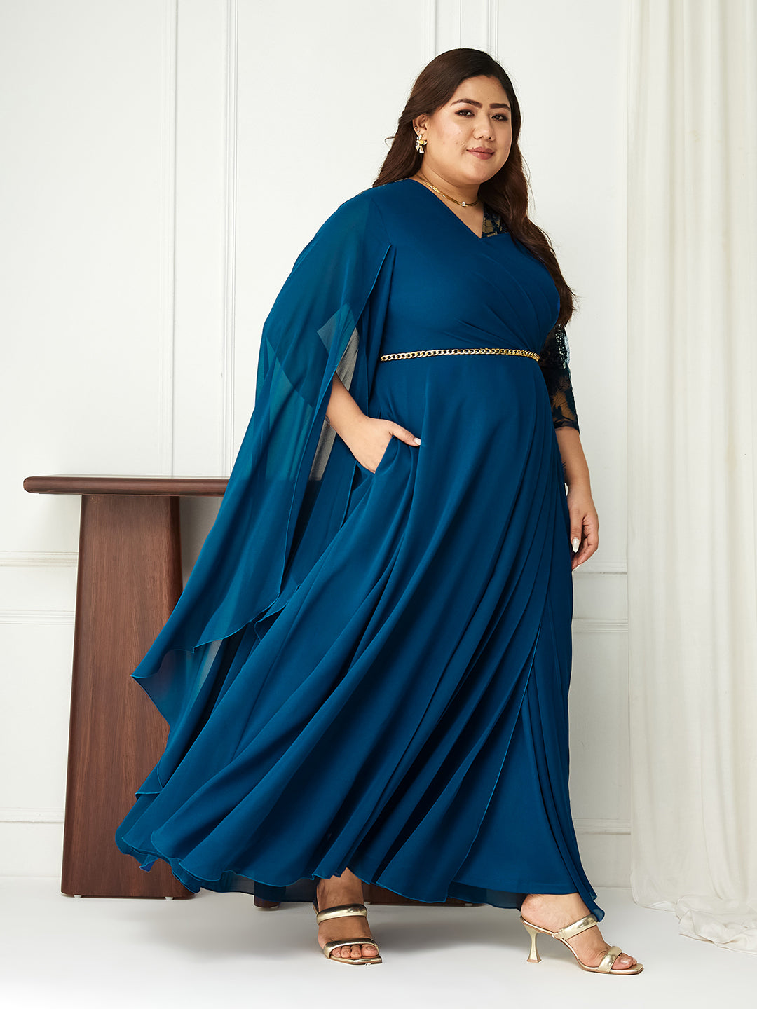 Women's Royal Blue V-Neck Asymmetric Embellished Maxi Georgette Dress