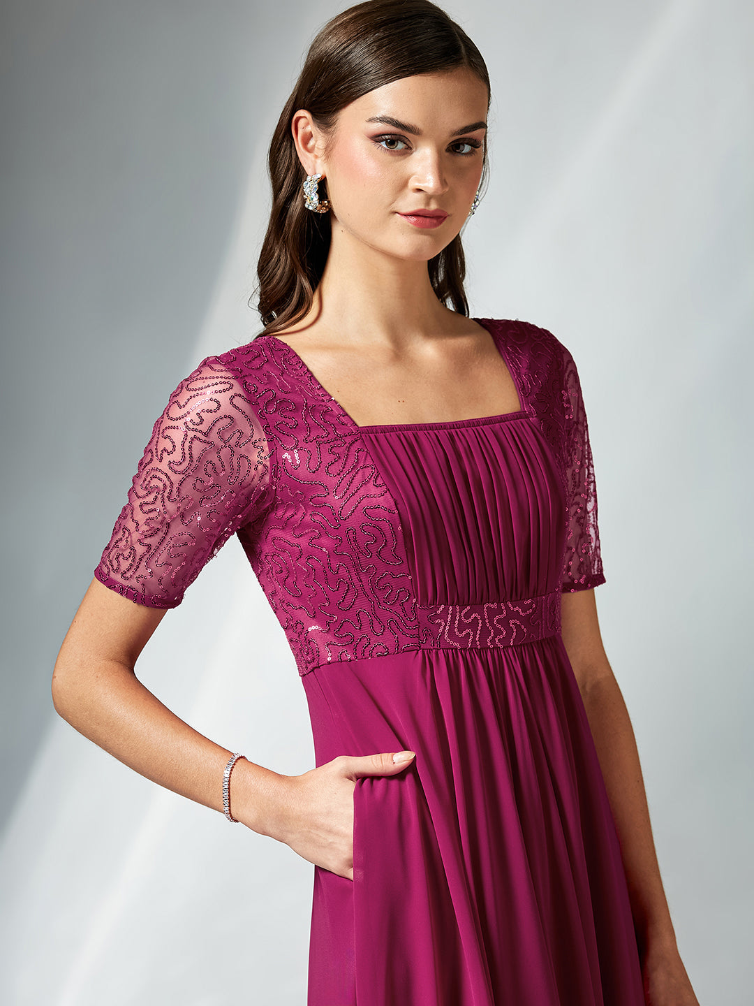 Dusty Pink Square Neck Half Sleeve Solid Embellished Maxi Dress for Women