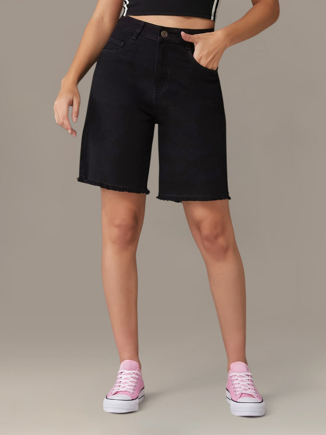 Black Regular High Rise Above Knee Stretchable Denim Shorts for Women