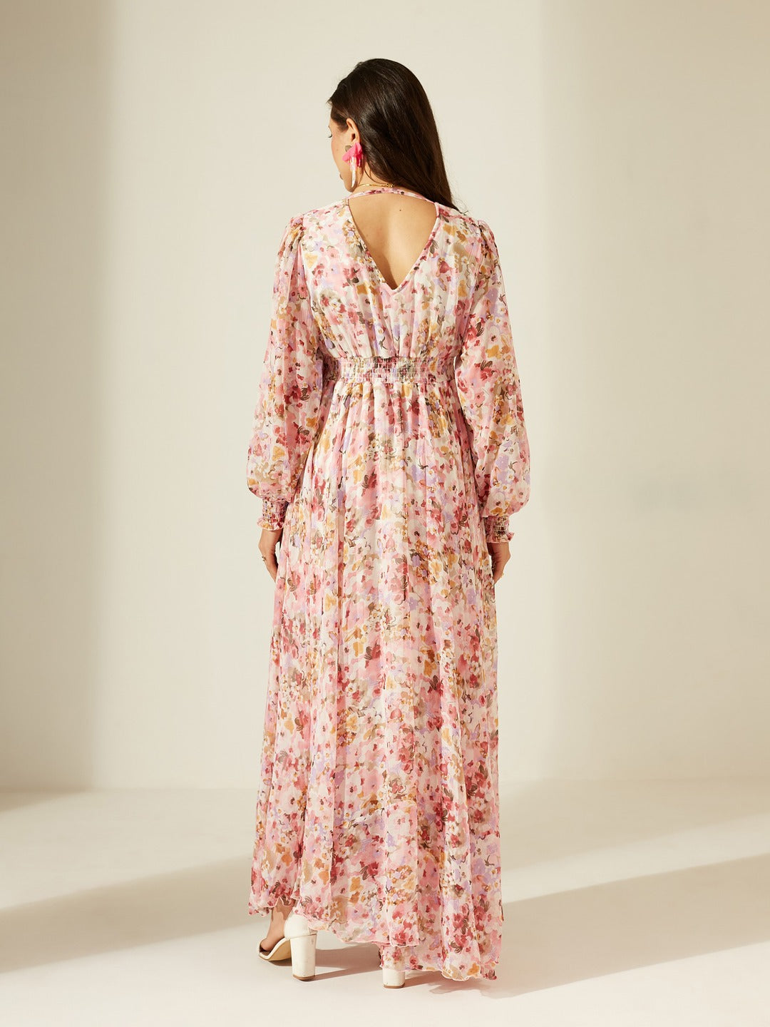 Pink and Black V-Neck Ruffled Sleeve Wide-Leg Printed Jumpsuit for Women