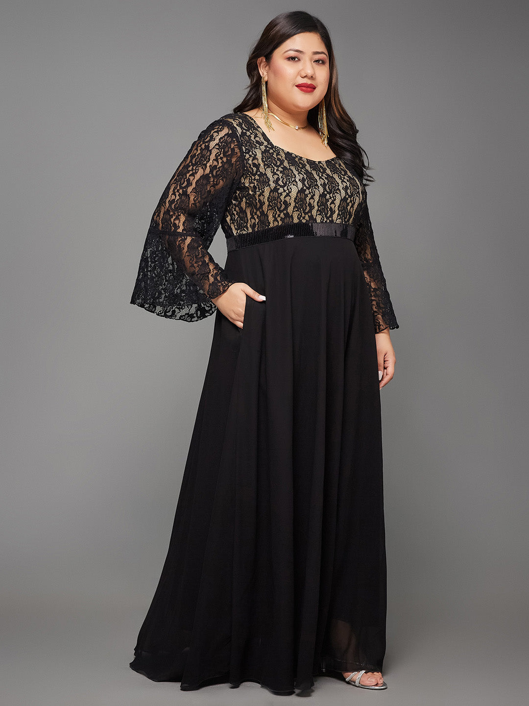 Black Sweetheart-Neck Full Sleeve Floral Lace-Overlaid Georgette Maxi Dress for Women