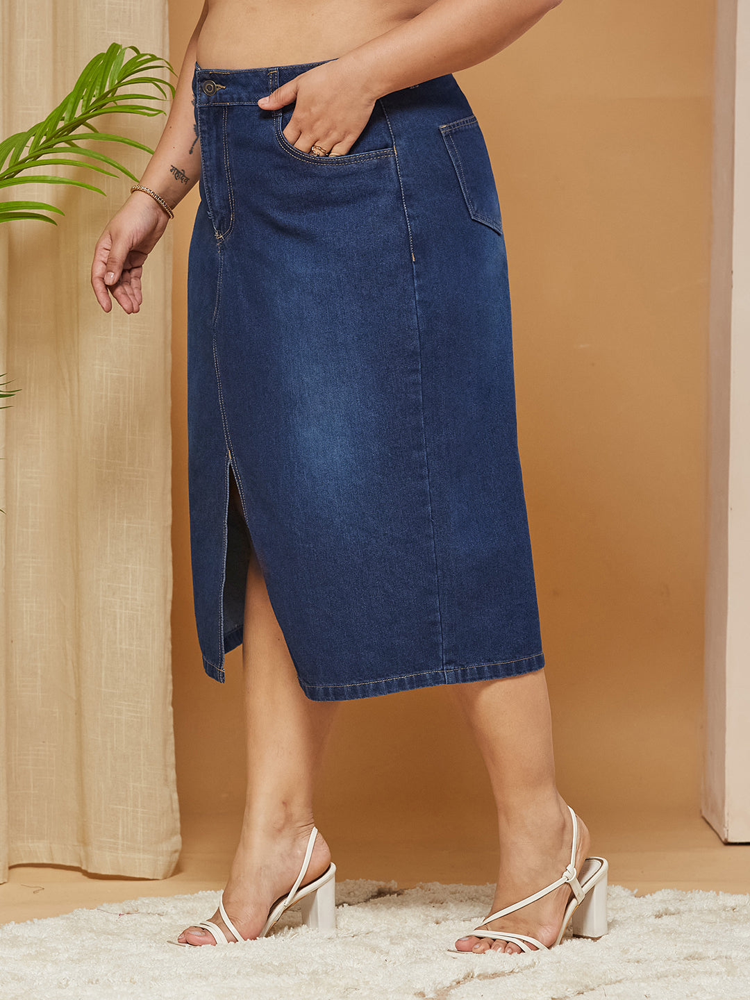 Dark Blue A-Line High-Rise Non-stretchable Denim Midi Skirt for Women