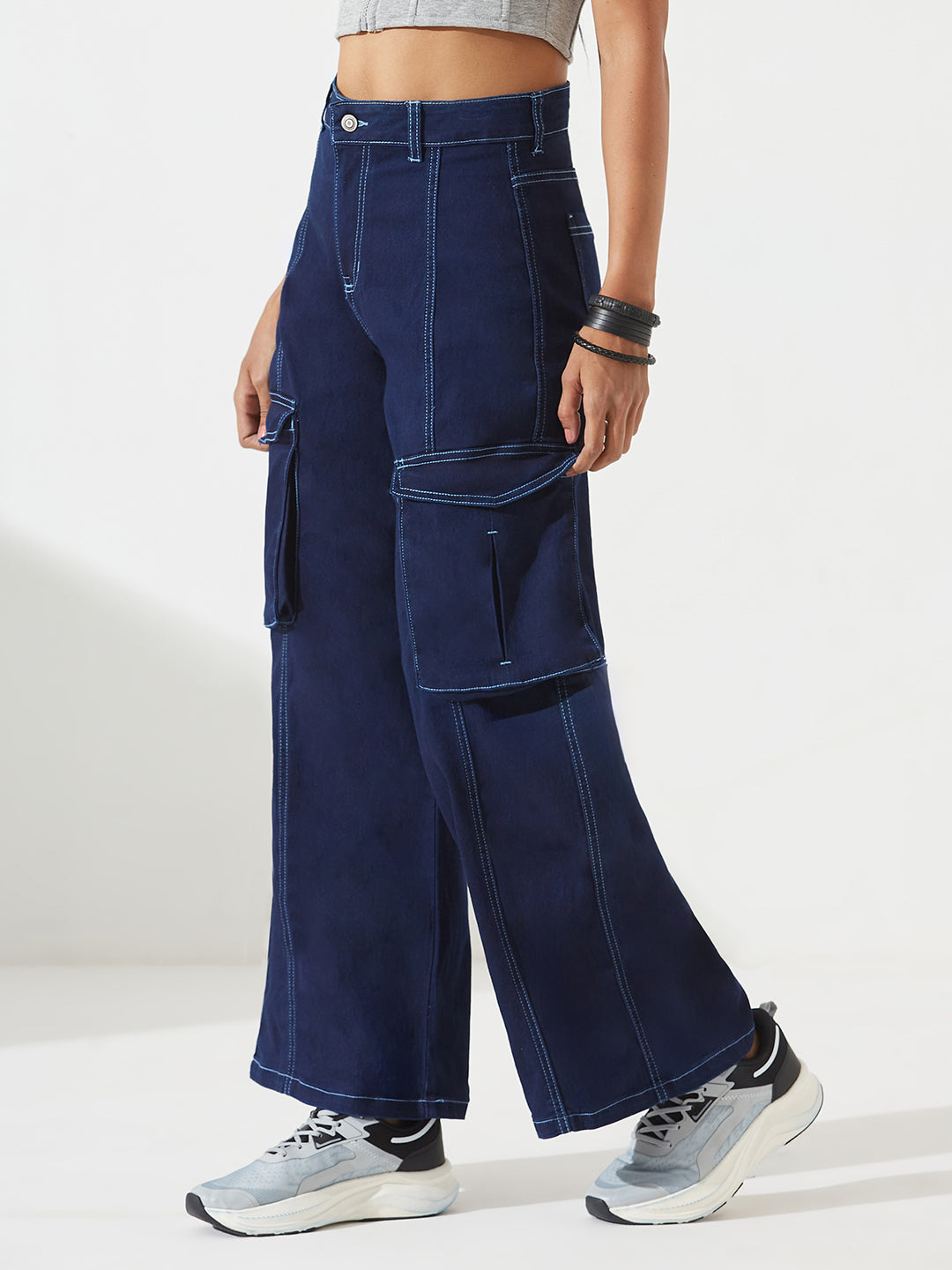 Navy Blue Wide leg High-Rise Regular Stretchable Denim Jeans For Women