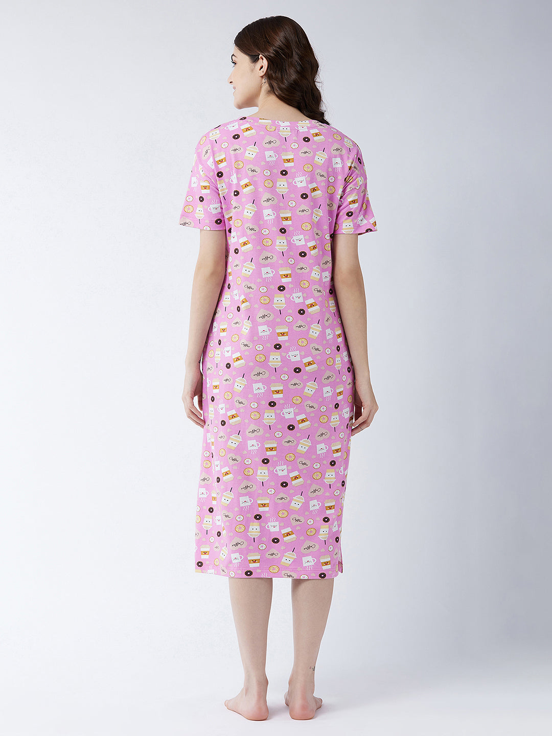 Women's Pink Round Neck Short Sleeves Printed Midi Dress