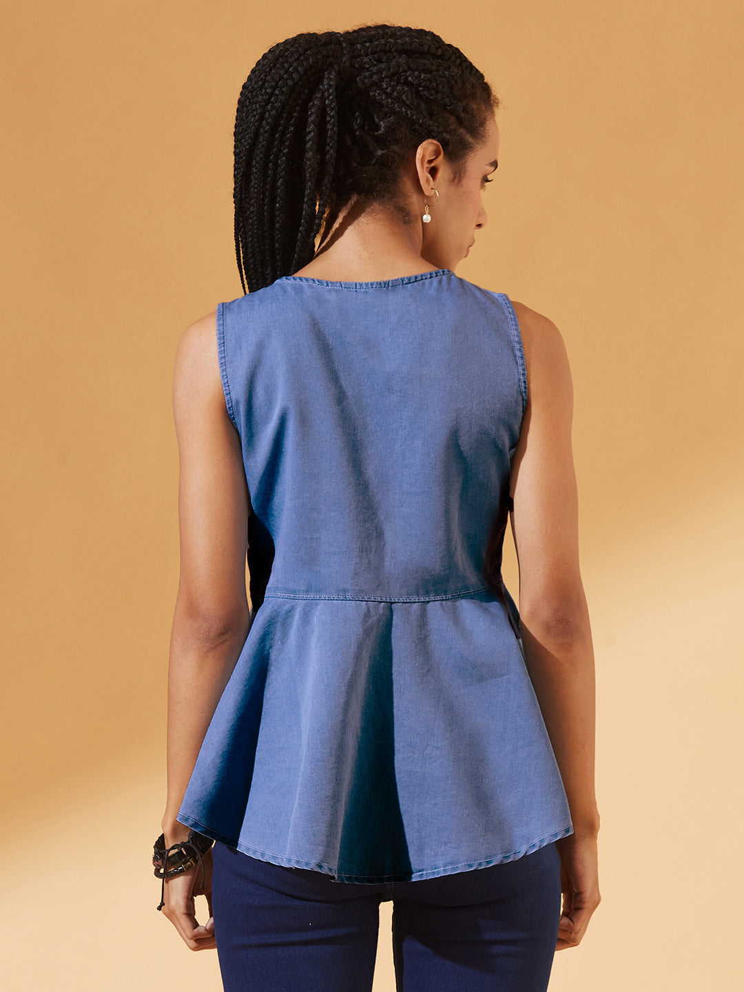 Blue Round Neck Sleeveless Denim Front Open Solid Hooded Peplum Top for Women