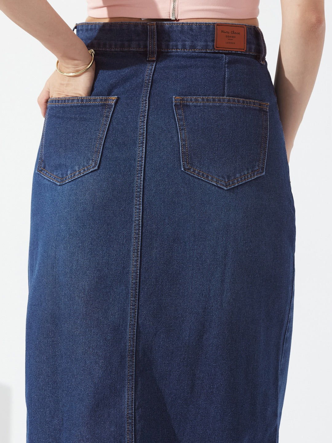 Dark Blue A-Line High-Rise Non-stretchable Denim Midi Skirt for Women