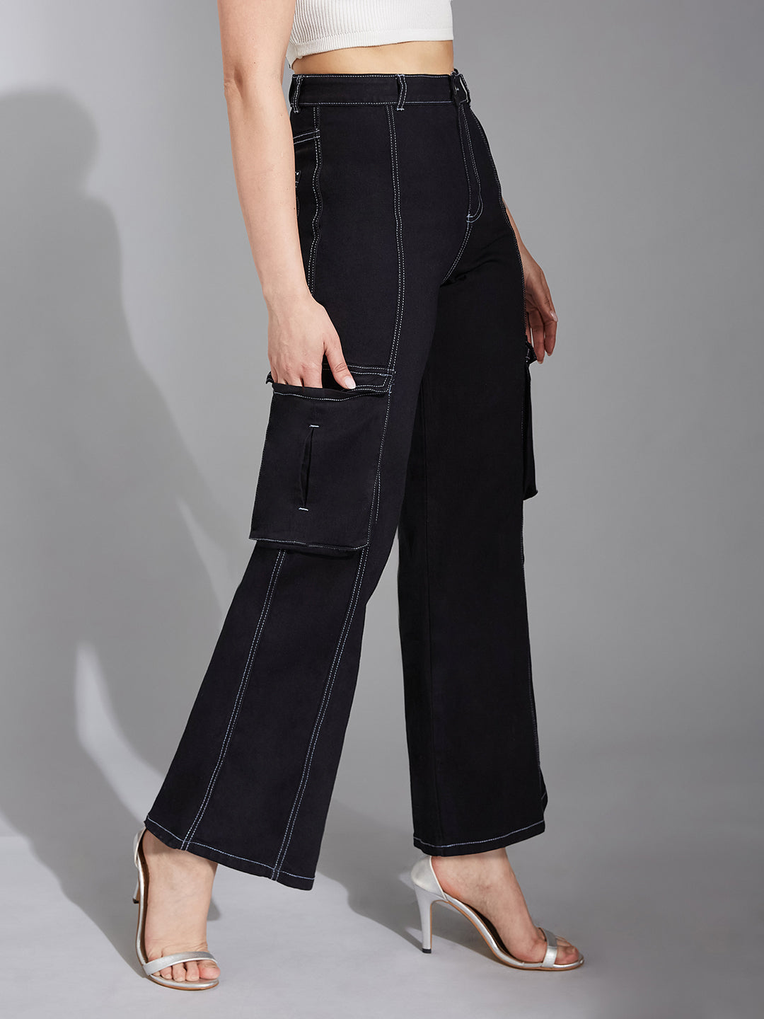 Women's Black Wide-Leg High-Rise Clean-Look Stretchable Patch-Pocketed Denim Jeans