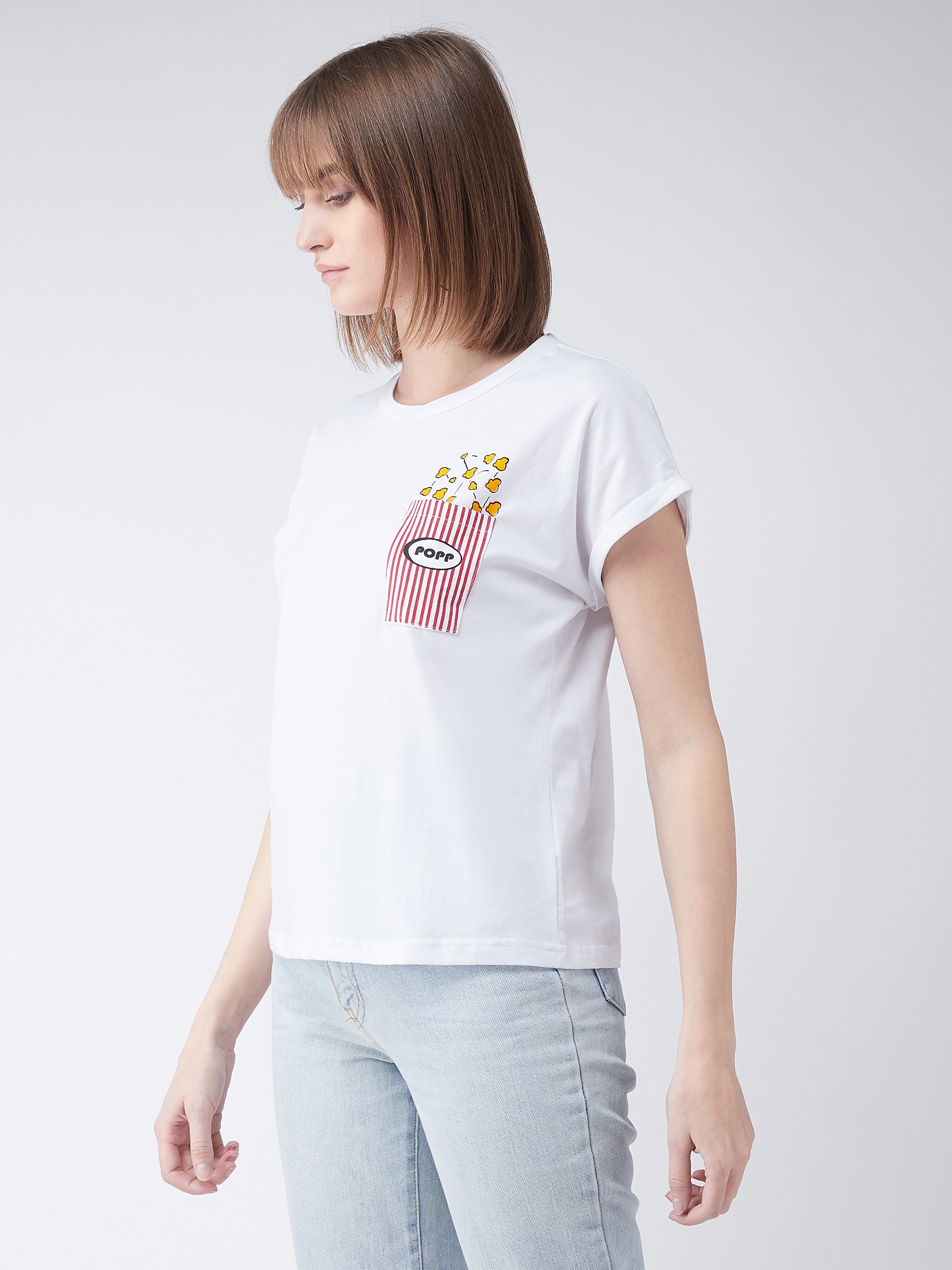 Women's White Cotton Round Neck Short Sleeve Graphic Print Basic T-Shirt