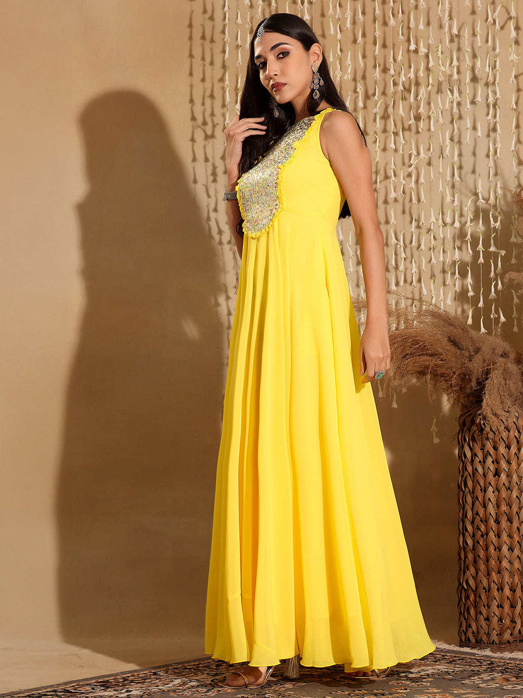 Women's Yellow Round Neck Sleeveless Embellished Frilled Georgette Maxi Dress
