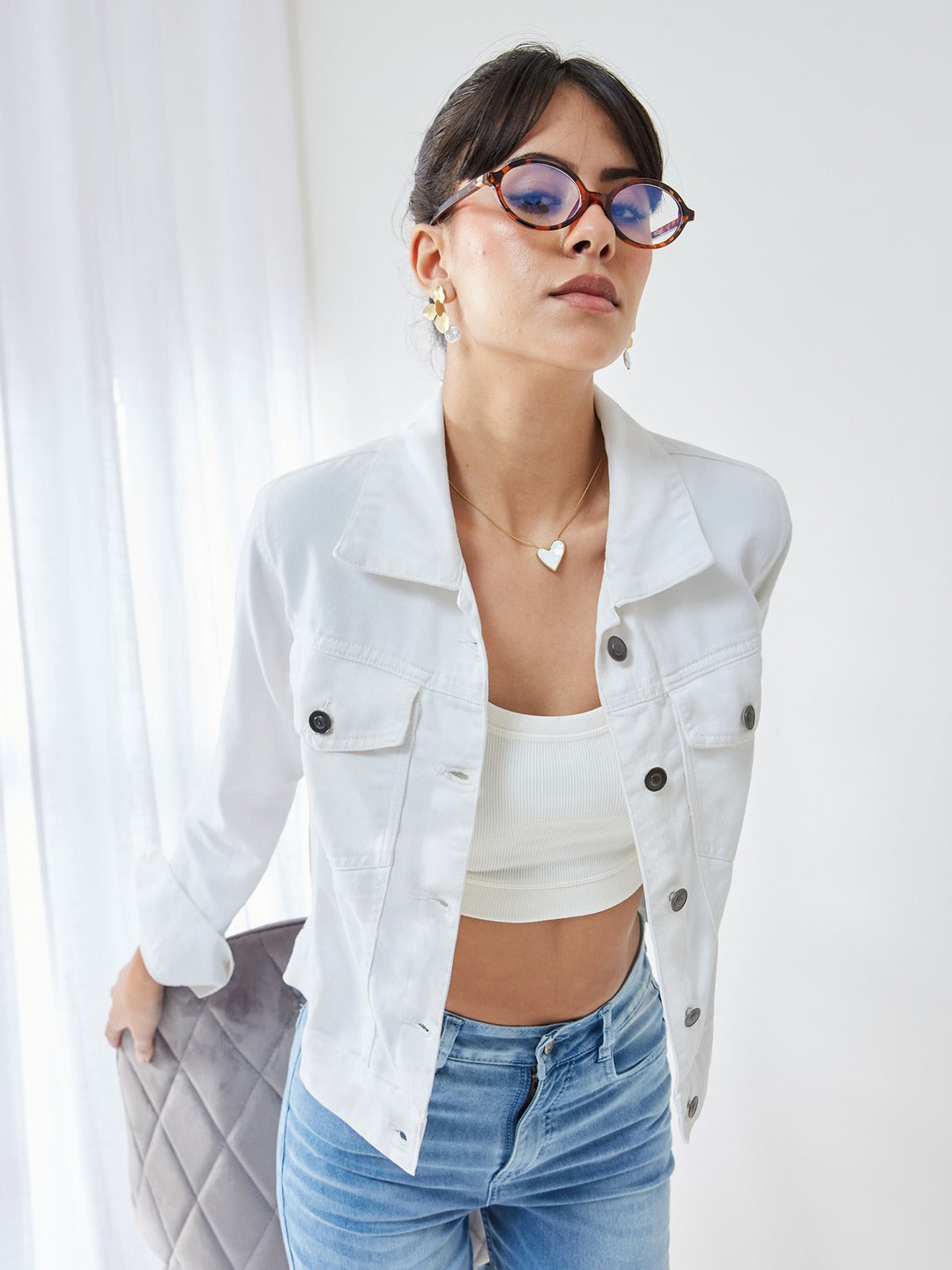 White Polo Neck Full Sleeves Denim Solid Cropped Jacket for Women