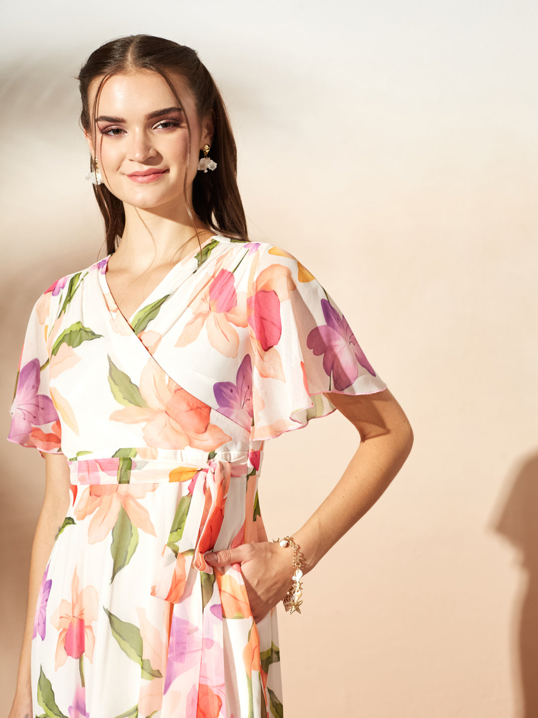 White Floral Printed Flutter Sleeves Maxi Dress for Women — Miss Chase
