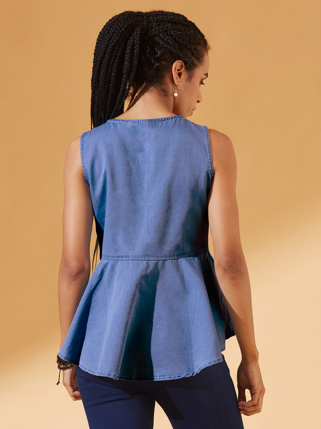 Blue Round Neck Sleeveless Denim Front Open Solid Hooded Peplum Top for Women