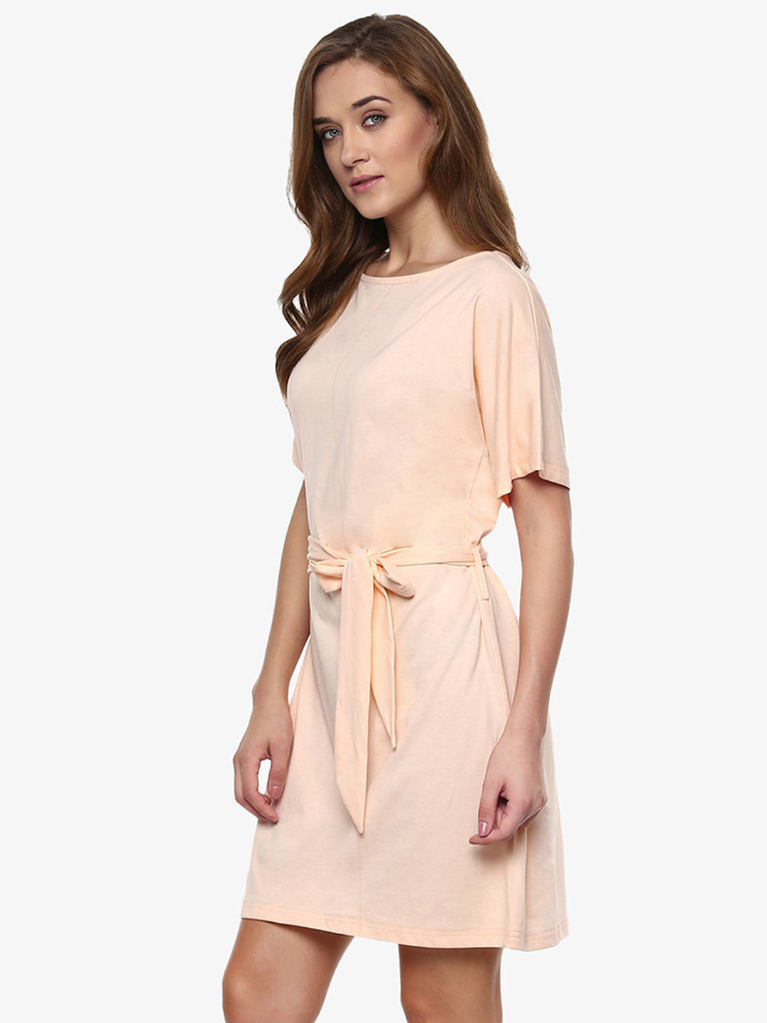Women's Peach Solid Half-Sleeve Round Neck Mini Shift Dresses