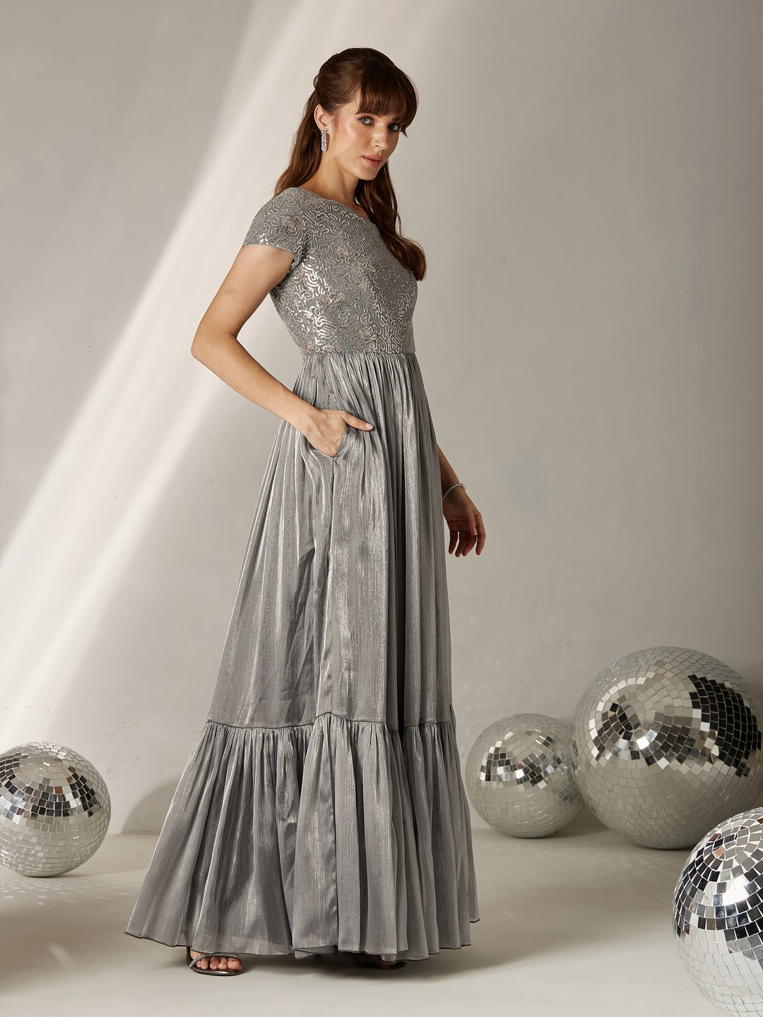 Silver Asymmetric Short Sleeve Embellished Tiered Chiffon Maxi Dress for Women