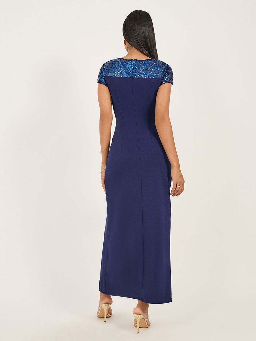 Women's Navy Blue Round Neck Cap Sleeves Sequin Panelled Solid Bodycon Maxi Dress