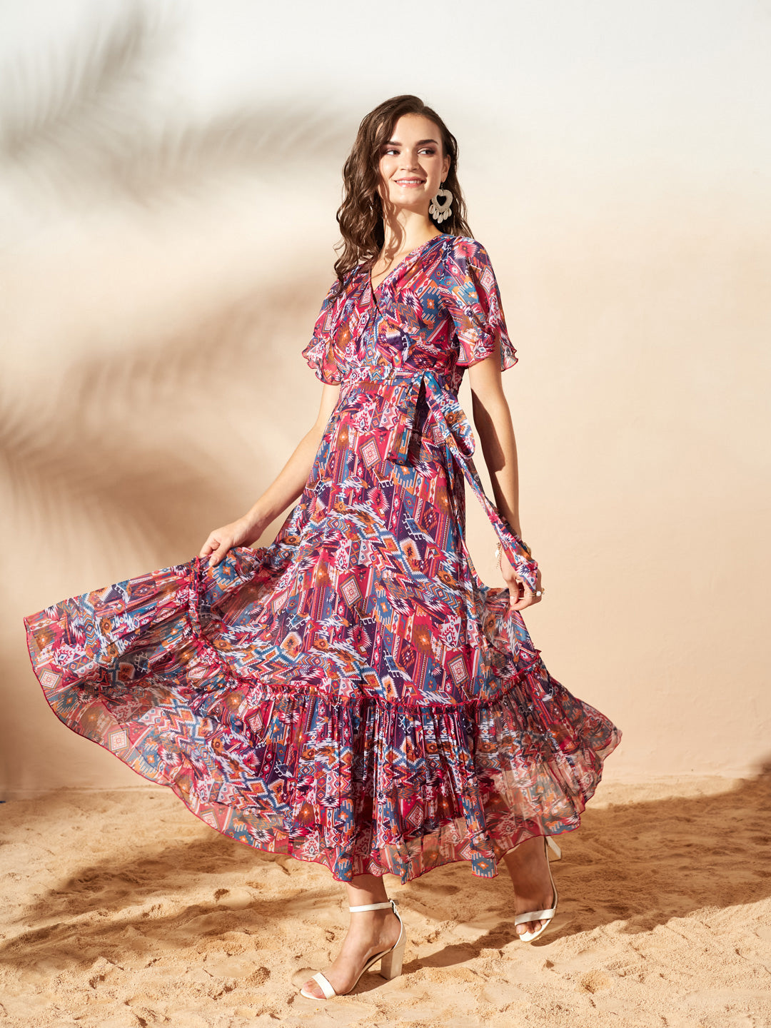 Dark Pink Floral Printed Flutter Sleeves Maxi Dress for Women