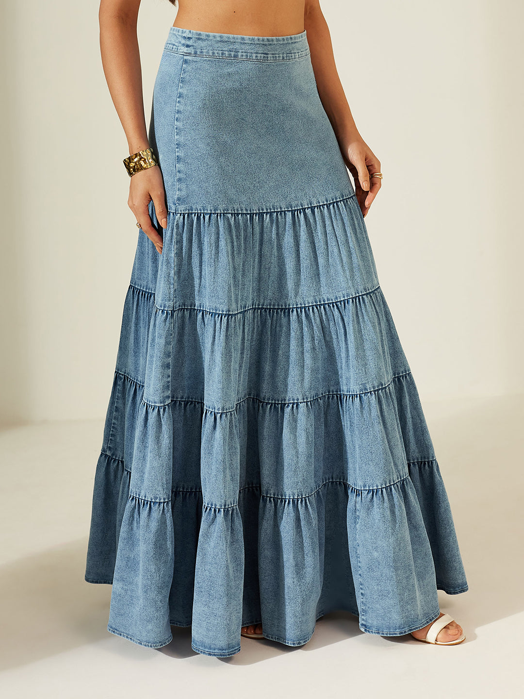 Women’s Light-Blue High-Rise Gathered Maxi Denim Skirt with Tiered Design for Women