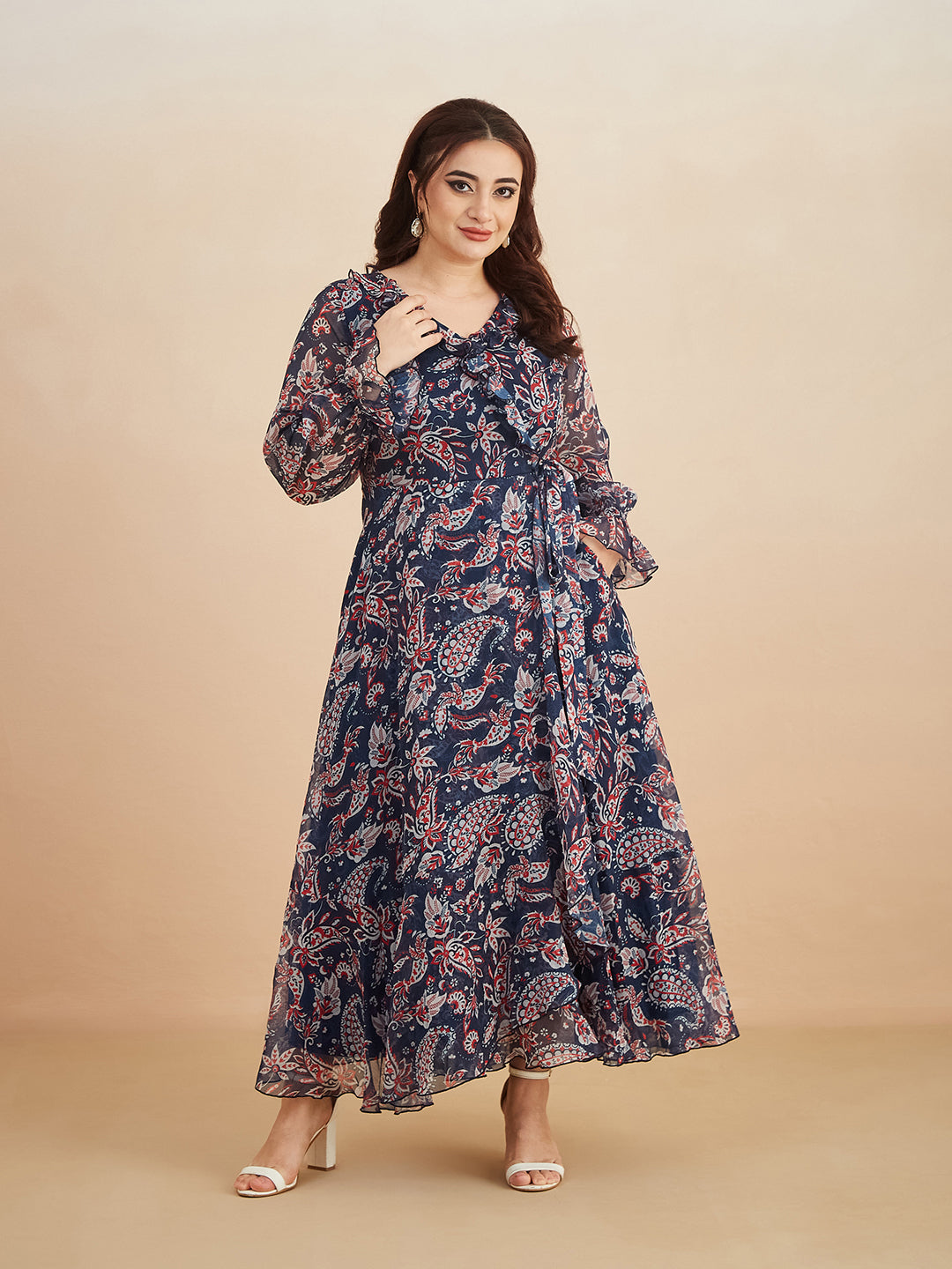 Multicolored-Base-Navy-Blue V Neck Full Sleeves Polyester Relaxed Fit Midi Length Dress for Women
