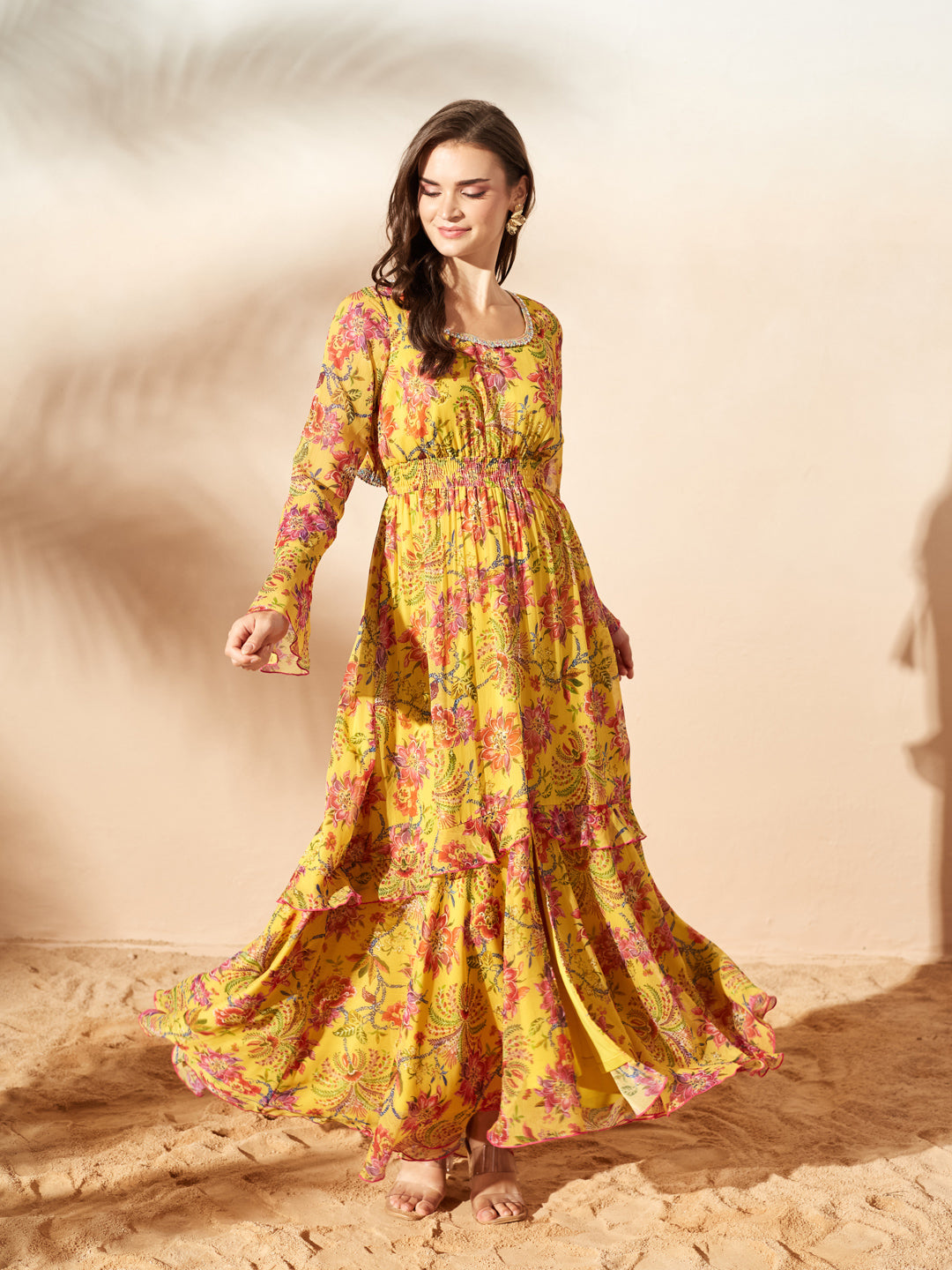 Mustard Sweetheart Flounce Floral Ruffled/ Front Slit Maxi Chiffon Ethnic Dress for Women — Miss Chase