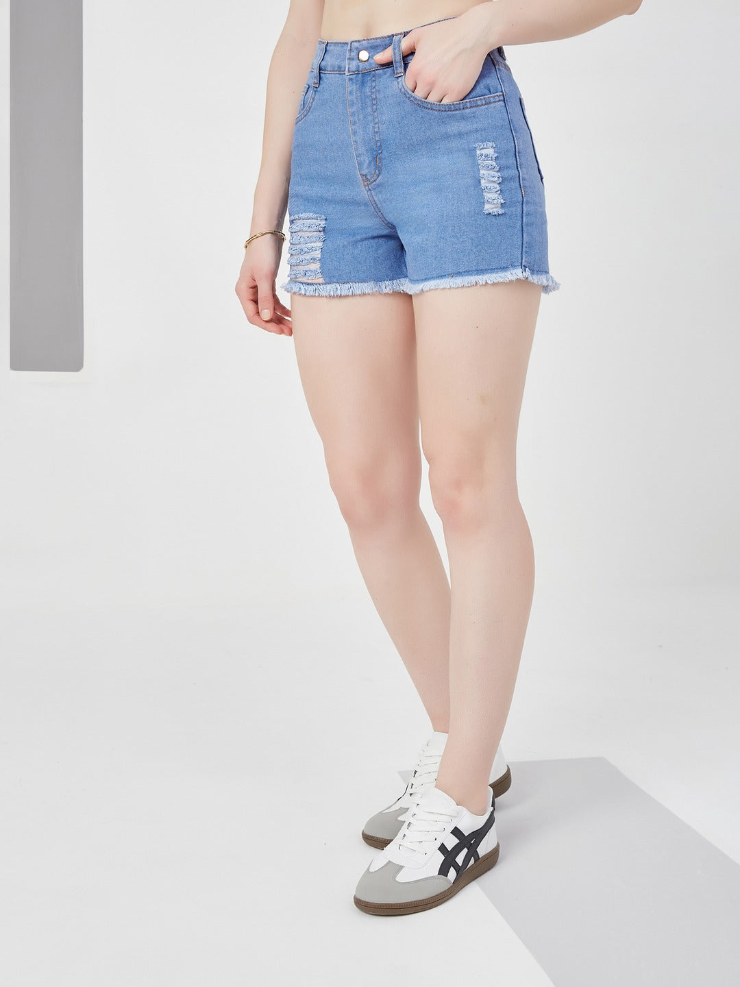 Blue Relaxed Fit Highly Distressed Mid Rise Ripped Denim Shorts for Women