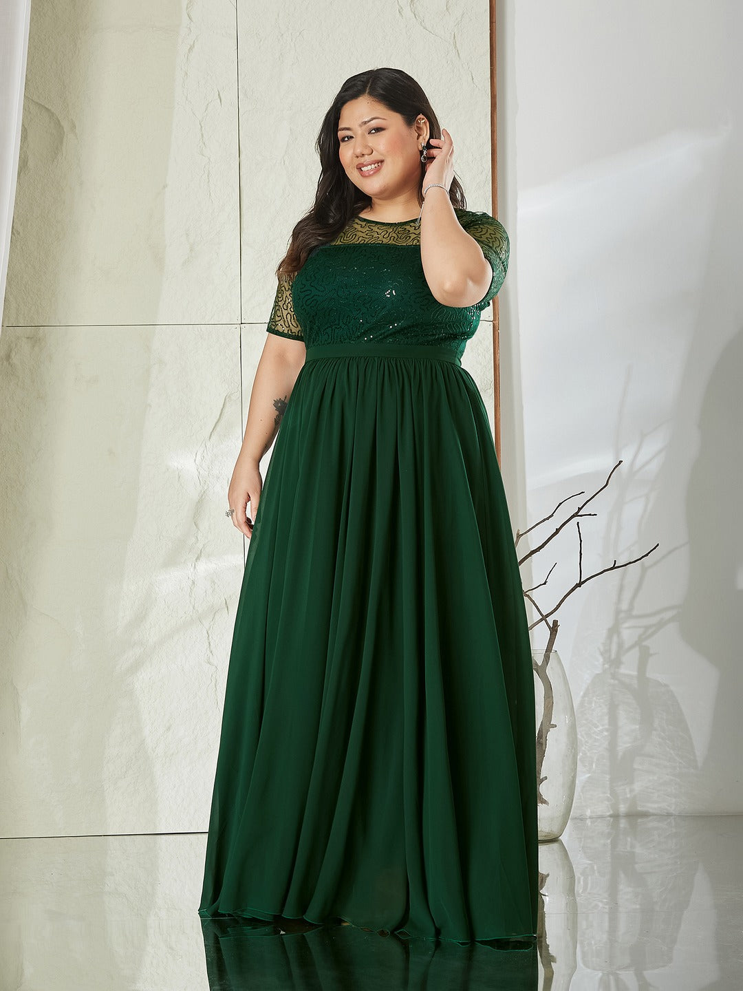 Dark Green Relaxed Fit Maxi Georgette & Sequins Dress for Women